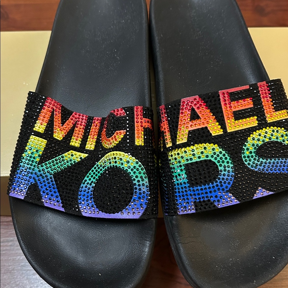 Michael Kors Black Slides with Rainbow Crystal Logo - Picture 5 of 5